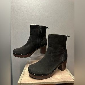 Clarks Black Suede Mules with Wooden Heel